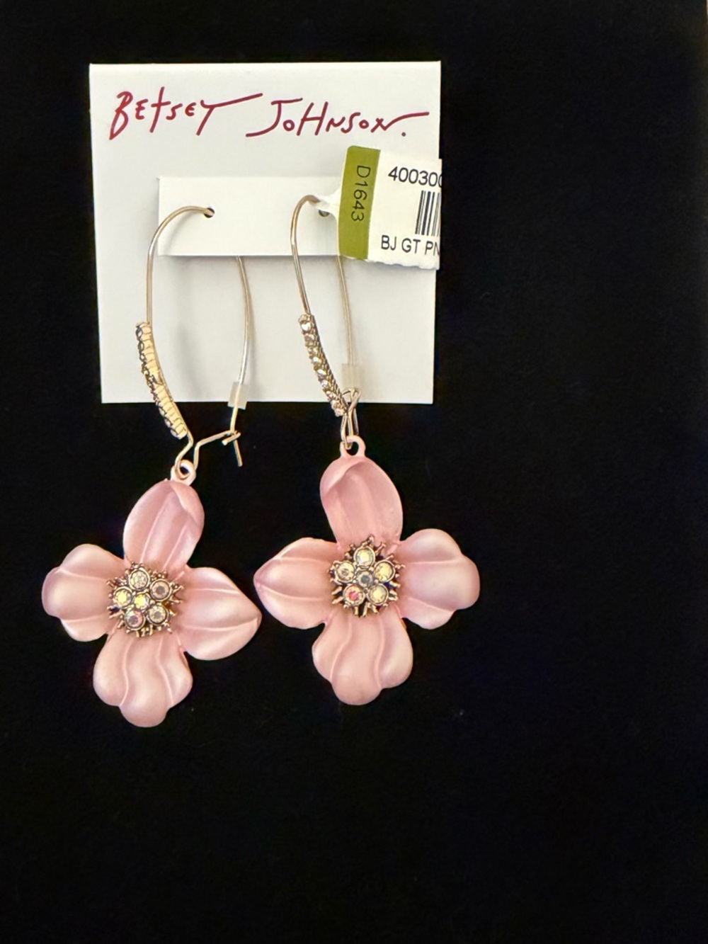 Betsey Johnson Pink Floral Drop Earrings with Rhinestone Centers